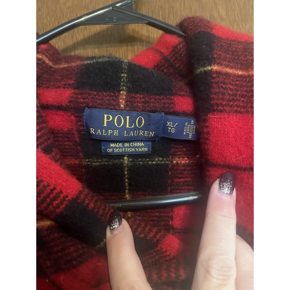 Polo‎ Ralph Lauren | Red & Black Plaid Lambswool Sweater | Shawl Collar | READ